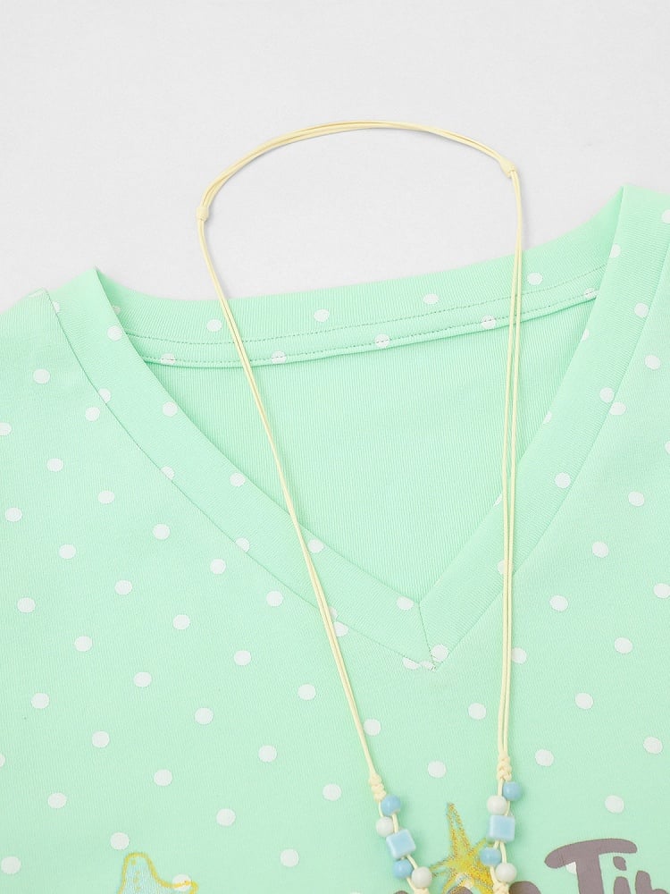 Green Summer Kawaii Letter Print V-Neck Short Sleeve T-Shirt with Starfish Necklace - Languid Park