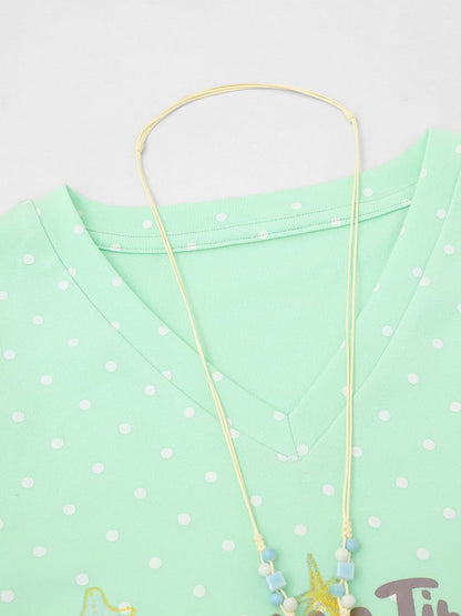 Green Summer Kawaii Letter Print V-Neck Short Sleeve T-Shirt with Starfish Necklace - Languid Park