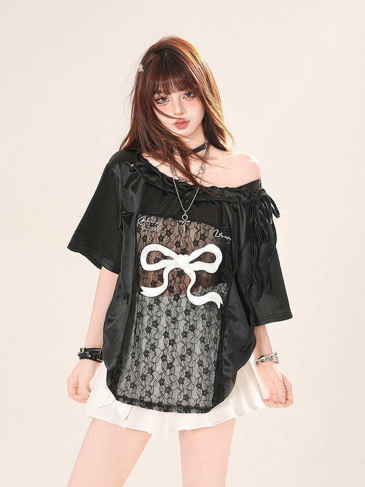 Schwarz/Weiß Große Off-the-shoulder T-shirt Spitze Schleife Patches Druck Taille
