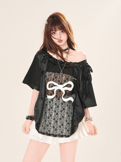Schwarz/Weiß Große Off-the-shoulder T-shirt Spitze Schleife Patches Druck Taille
