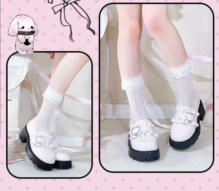 Shoes Jirai 6.5cm Pink Chunky Detail Kei with Loafers Beaded Heel Sweetheart Platform