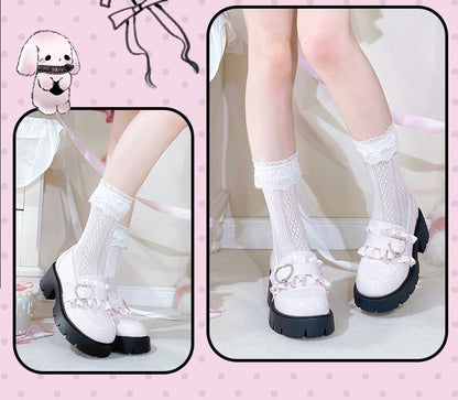 Shoes Jirai 6.5cm Pink Chunky Detail Kei with Loafers Beaded Heel Sweetheart Platform