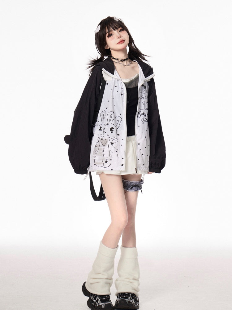 デザインフードイヤーキティカラーブロックジップアップジャケットカートゥーンプリントブラック/グリーン