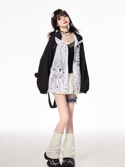 デザインフードイヤーキティカラーブロックジップアップジャケットカートゥーンプリントブラック/グリーン