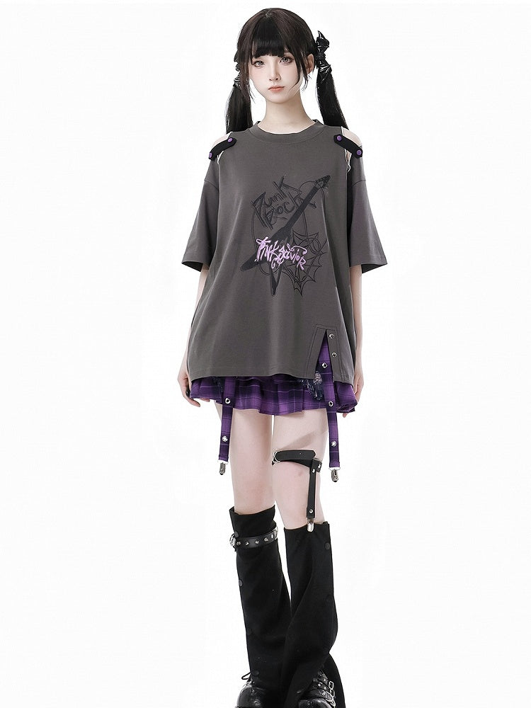 Dusty Gray Cutout Shoulder Slit Hem Punk Rock Graphic T-Shirt