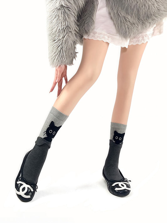 Kitty Design Pattern Cotton Socks with Cute 3 Colors Foldable Cuff