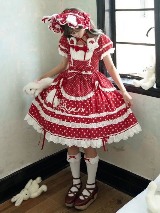 Roter Musterausschnitt Plüsch Süße Polka Dots Quadratisches Häschen Lolita Kleid Ohren
