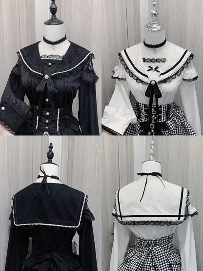 Anhängerbesatz Bluse Spitze mit Jirai Kei Schwarz/Weiß Matrosenkragen Cutout Choker Schulter Herz