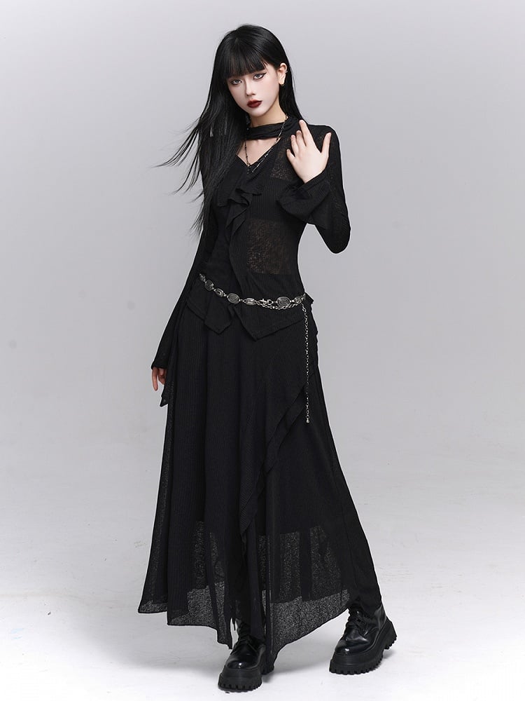 with V-Neck Ruffles Gothic Neck Cascading Black Attached Top