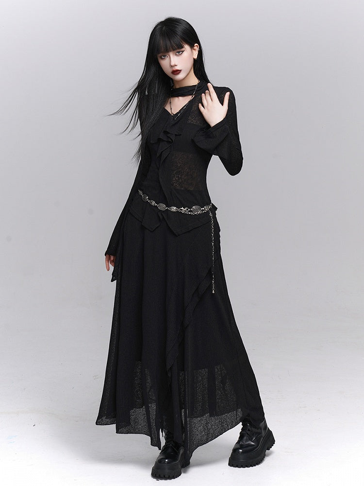 Gothic Black Maxi Skirt with Asymmetrical Draping and Elastic Waist - Lady Ghost