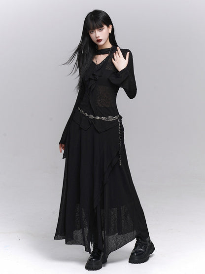 Gothic Black Maxi Skirt with Asymmetrical Draping and Elastic Waist - Lady Ghost