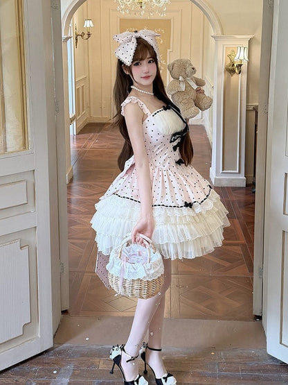 Pink Layered Ruffle Lolita Jumper Dress with Bow and Polka Dots - Diamond Honey