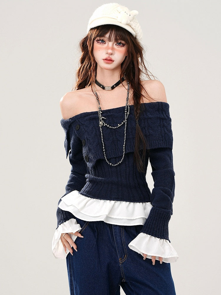 Grey/Navy Blue Off-the-shoulder Neckline Slim-fit Sweater Patchwork Hem and Cuffs