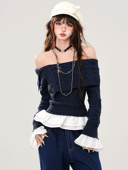 Grey/Navy Blue Off-the-shoulder Neckline Slim-fit Sweater Patchwork Hem and Cuffs