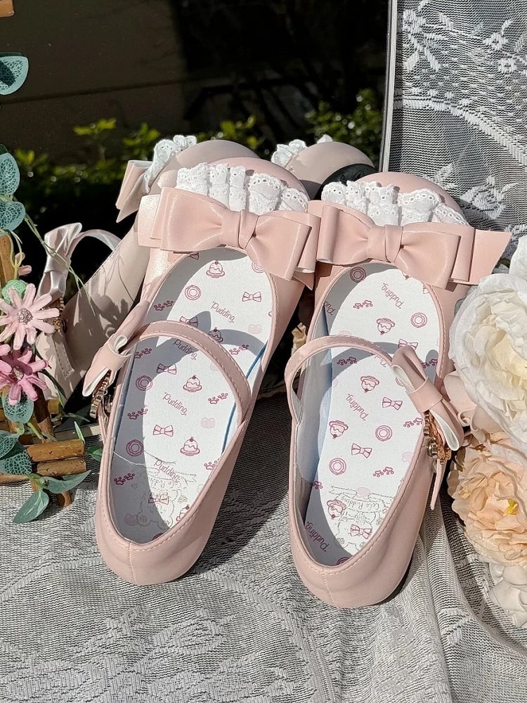 Low-heel/Mid-heel Accents Sweet Delicate Bow Lace Mary Pink Lolita Shoes in Jane
