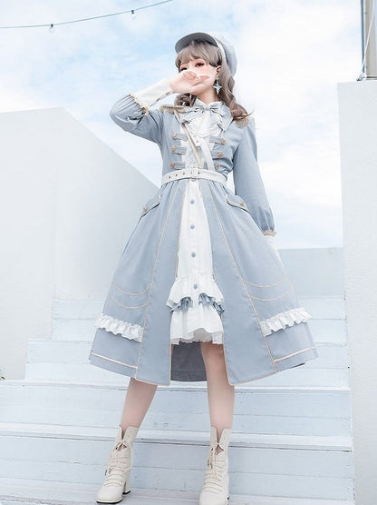 Military with Hem Buttons Blue and Ruffled Dress White Lolita Gold-tone