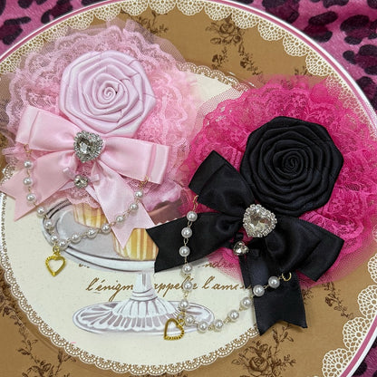 Perlenbesatz, Blumenmuster, verziert und rosa/rosafarbener Charme, Schleife, Strass, Herz, Spitze, Haarspange, Rot