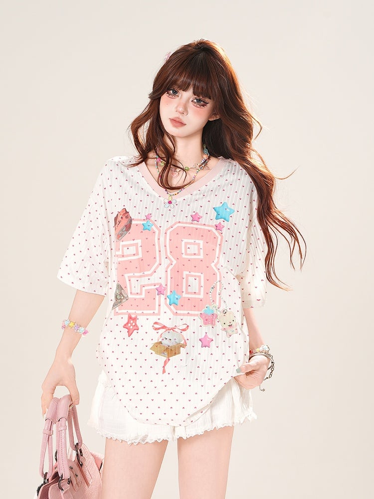 ピンクの水玉模様TシャツプリントスターVネックルーズ