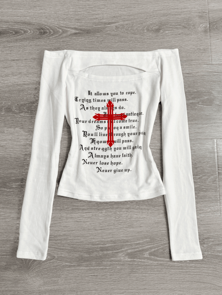 Red with White Print Bold Top Style Front Subculture Cutout Off-Shoulder | Cross
