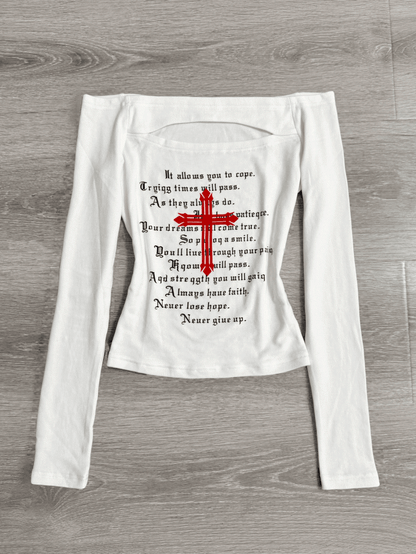 Red with White Print Bold Top Style Front Subculture Cutout Off-Shoulder | Cross