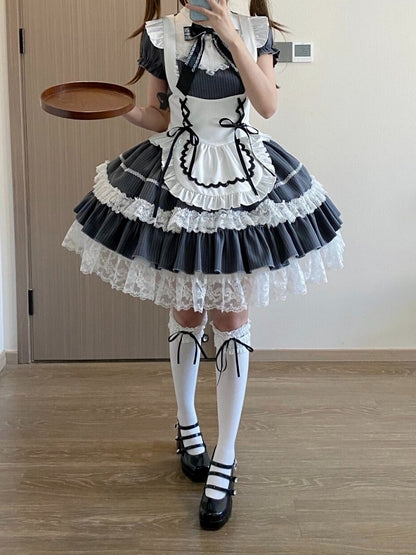 Gray Striped Lace OP Dress with Apron - Delusions Studio