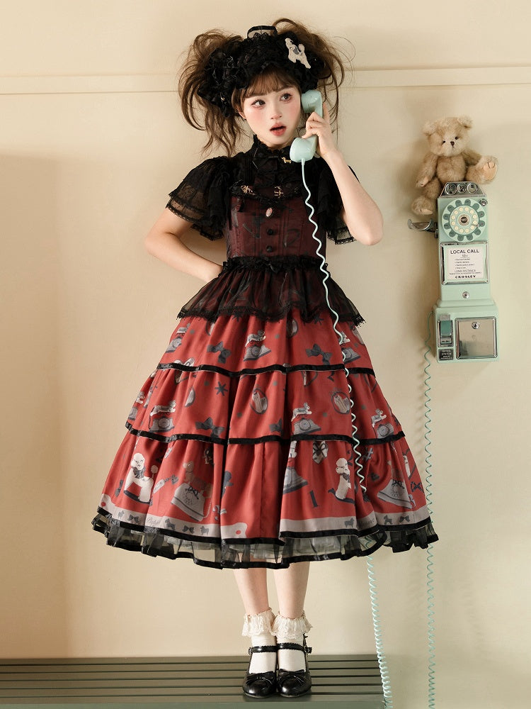 子犬と電話のプリントのティアードスカート ブラックとレッドのスイートロリータジャンパースカート