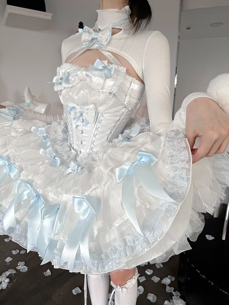 Blau-weißes baskisches Taillen-Satin-Schleifen-Trägerloses Puffkleid, kurzes Oberteil, komplettes Set