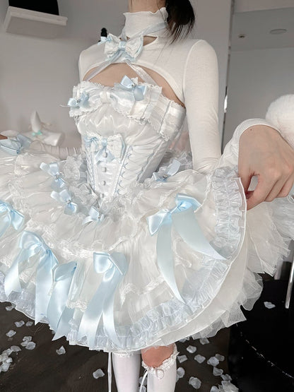 Blau-weißes baskisches Taillen-Satin-Schleifen-Trägerloses Puffkleid, kurzes Oberteil, komplettes Set