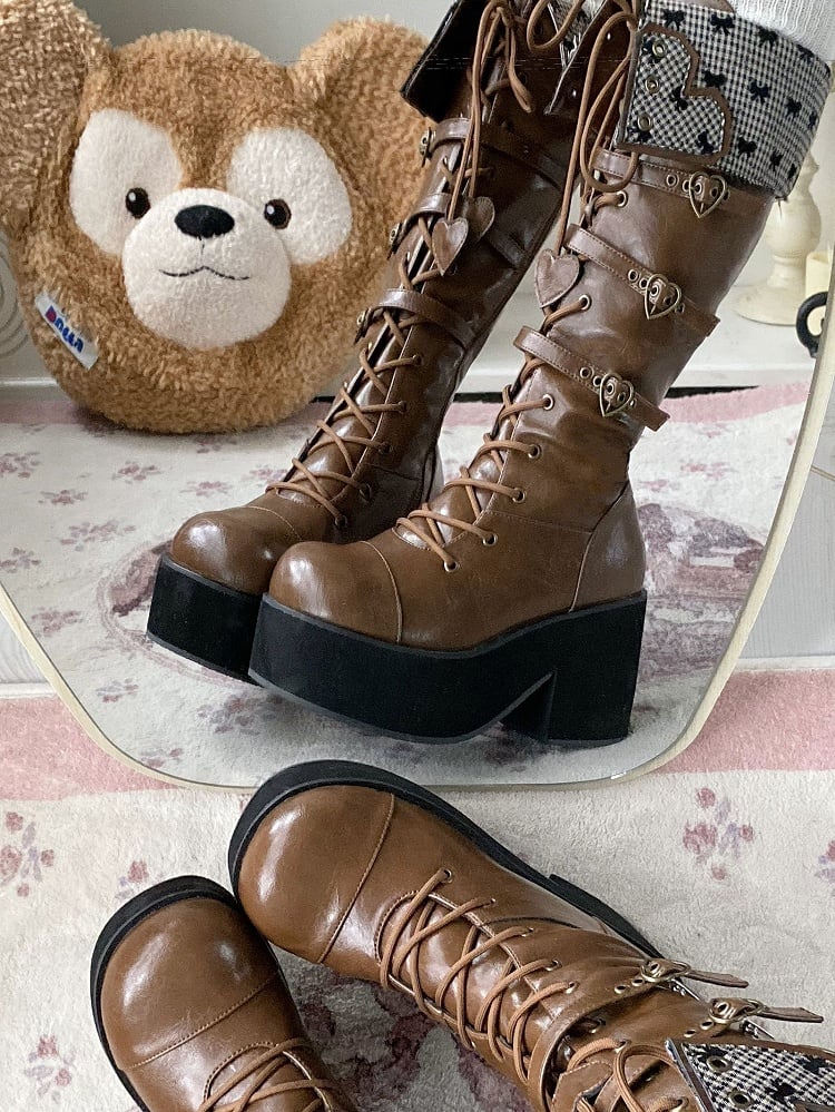 Cuff Heel Caramel Platform Fold-over Boots Block