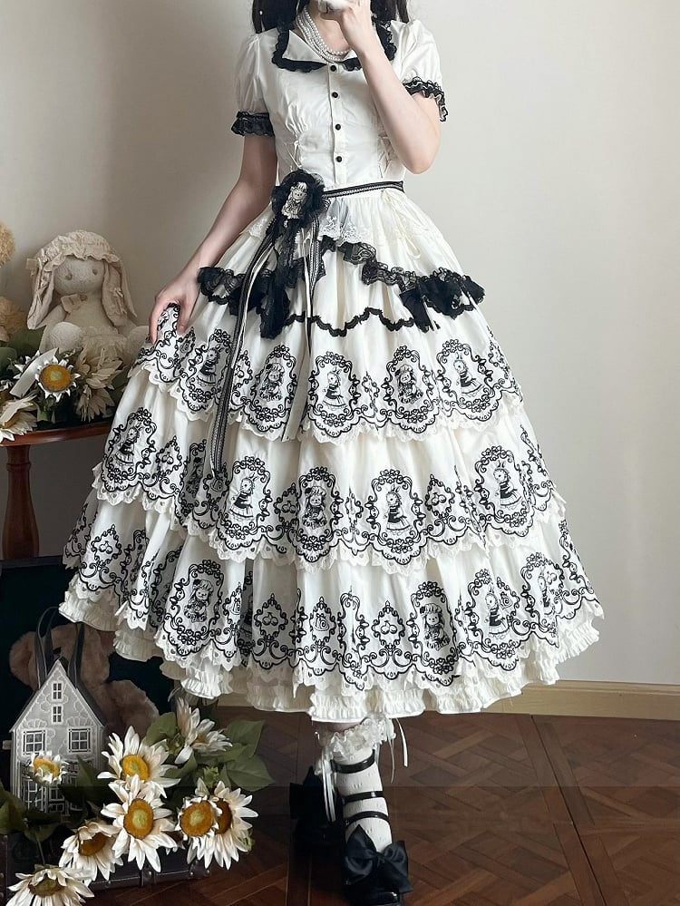 Lolita with Edge Scalloped Layered Elegant Trim Black Rabbit Pattern White Skirt