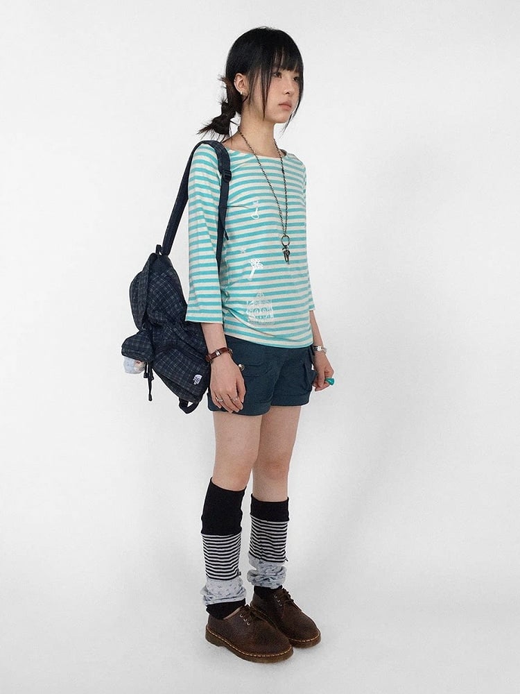 Mint Striped Wide Round Neck Long Sleeve T-shirt with Key and Iron Gate Print - innomoood