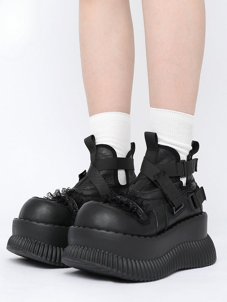 Shoes Stud Black Crisscross - Lace Platform Straps with Rock Details Punk Velcro Trim