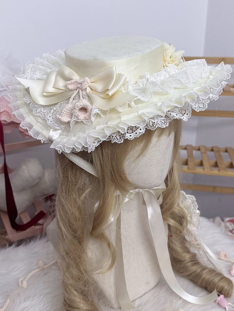 the Lily Mesh Valley Beige Lolita Big Crocheted Bowknot Lace Hat Flat of