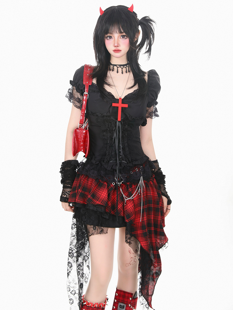 Gothic Asymmetrical Red Plaid Tiered Skirt with Cascading Lace Ruffle Trim and Chain Accents