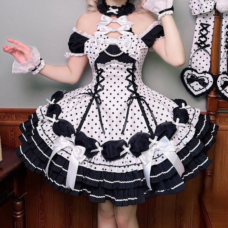 Accents Black Polka Dots Dress Old School Bow White Lolita Neck Halter with