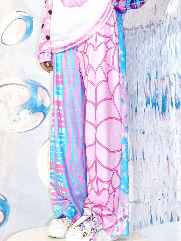 Plaid Pattern Y2K Web BluePink Flare Pants And Spider Silhouette
