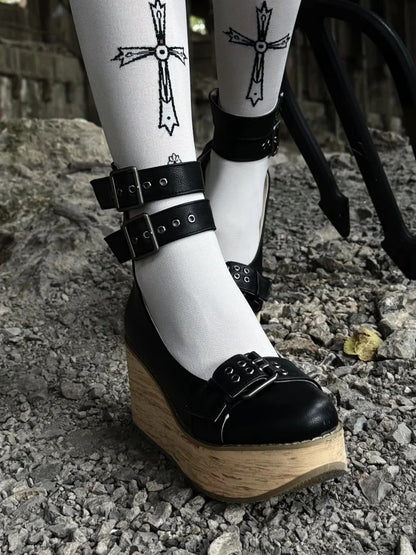 Janes in with Black Decor Buckles Closure Platform Ankle - Mary Layered PU