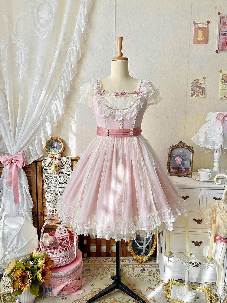 Elegant Bow and Details Version Classic with Lace Dress Short Pink Lolita