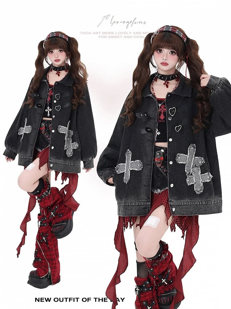 Punk Rock Nieten Kreuze Schwarze Lose Jeansjacke