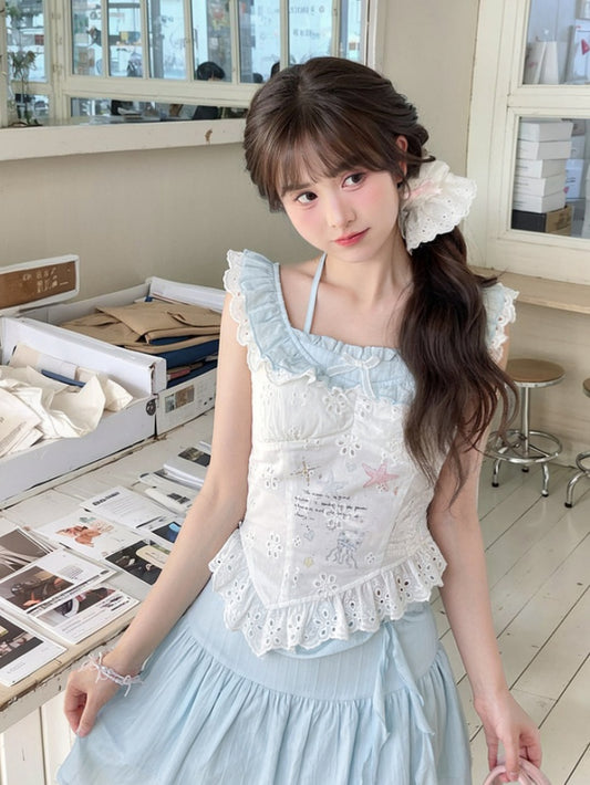 Ärmelloses Top mit gebogenen Ärmeln, weißem Saum, Seestern- und Quallen-Graffiti-Flatter