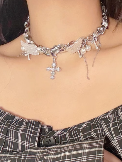 Engel Silber Flügel Kreuze Cyberpunk Y2K Halskette