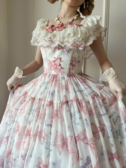 Pink Bows and Butterfly Print Lolita Dress Two Ways Wear Neckline