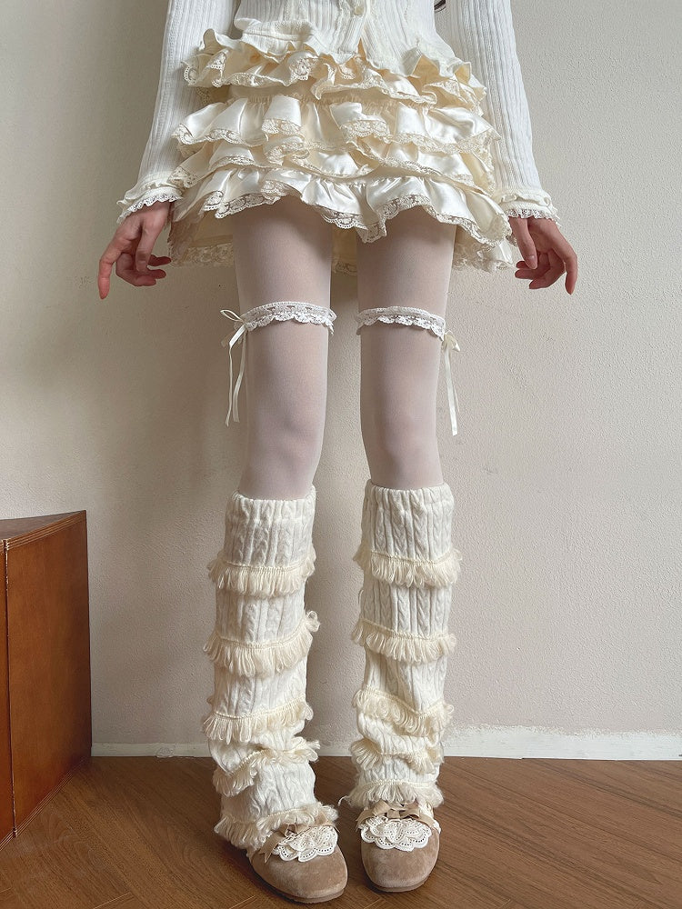 Warmers Cable Leg White Fluffy Knit Trim Ruffled Multi-layered With
