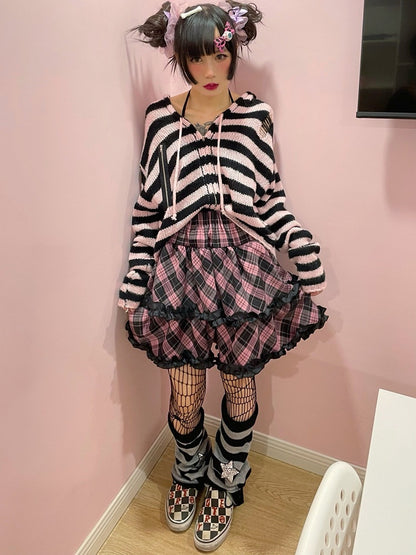 Black and Pink Y2K A-Line Skirt with Lace Bow and Checkered - Alita26SS