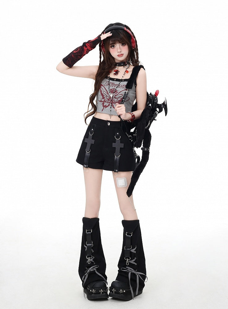 Leg Black Embellished Detail Shorts with Lace-up Warmers Cross Detachable
