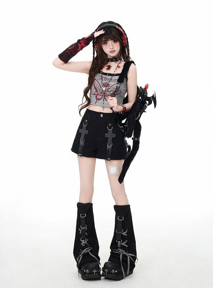 Leg Black Embellished Detail Shorts with Lace-up Warmers Cross Detachable