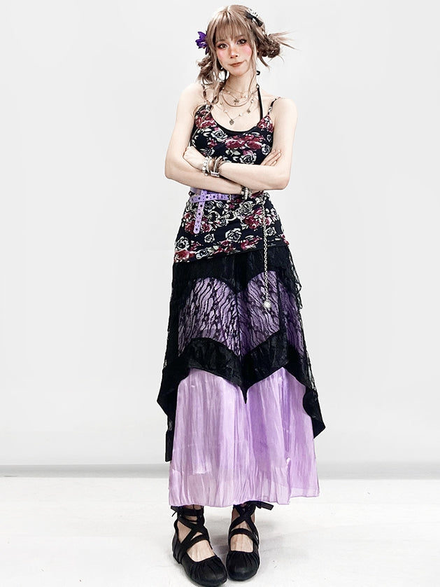 + 花柄トップ、ホルターネック、アンダースカート、キャミスカート、レースセット、ドレス、ホリデーネック、ブラック、パープル、ビタースイート