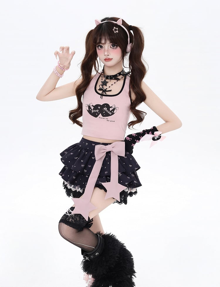 Allover Bowknot Print Gefütterter Stufenrock Schleife Große Borte Rosa Schwarze Spitze