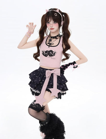 Big with Pink/Black Halter Neck Sweetheart Tank Top Bow Free Print Backless