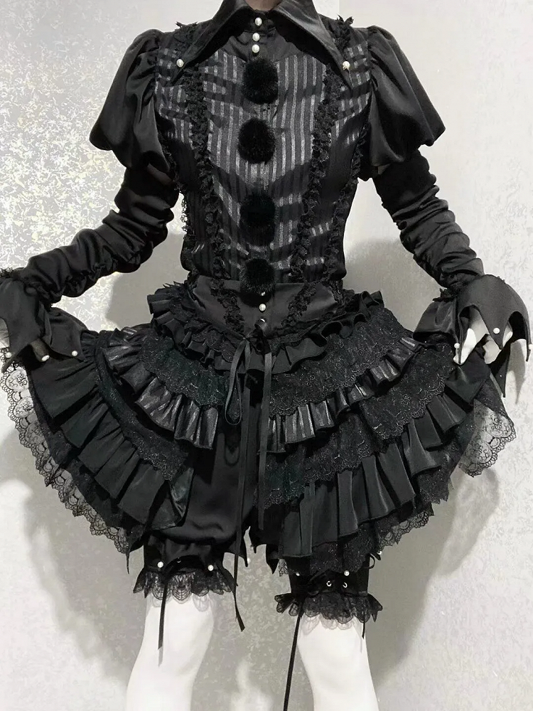 Kragen Ouji Clown Spitz Outfit Lolita Zirkus Shorts Bloomer Strumpfbänder + Shirt - Vibes Schwarz